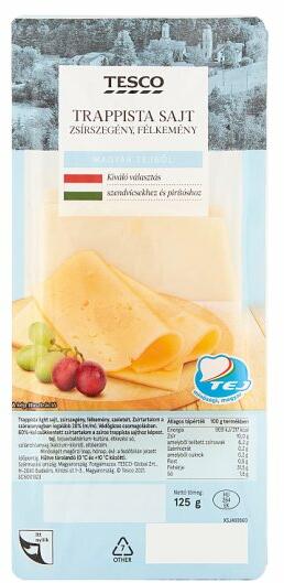 Tesco - szeletelt, zsírszegény, félkemény trappista sajt 125 g