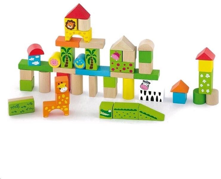 Viga Toys - Fa építőjáték vödörben Viga Állatkert 50 db (40429-viga03-50286-ZOO)