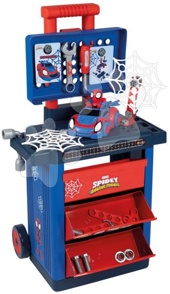 Smoby - Szerelőműhely kerekeken Spidey Diy Trolley Marvel Smoby kisautóval figurával és 45 kiegészítővel (SM360214)
