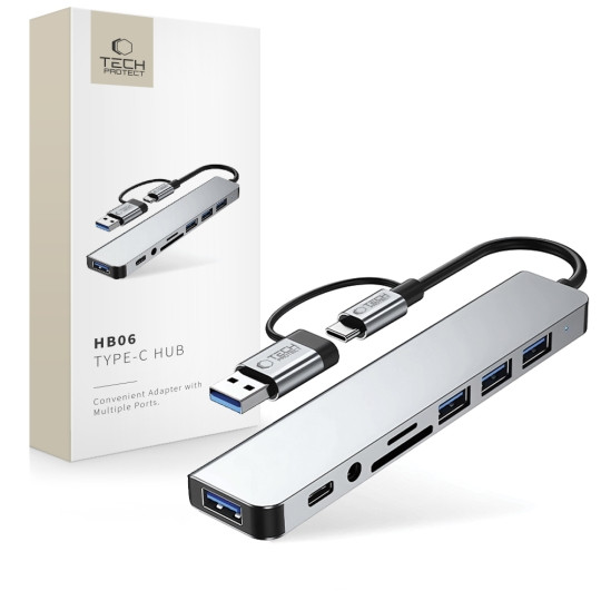 Tech-Protect - HB02 HUB adapter 6in1 type-C + USB2.0 + USB3.0 + HDMI 4K 30HZ + RJ45 + PD100W - Szürke